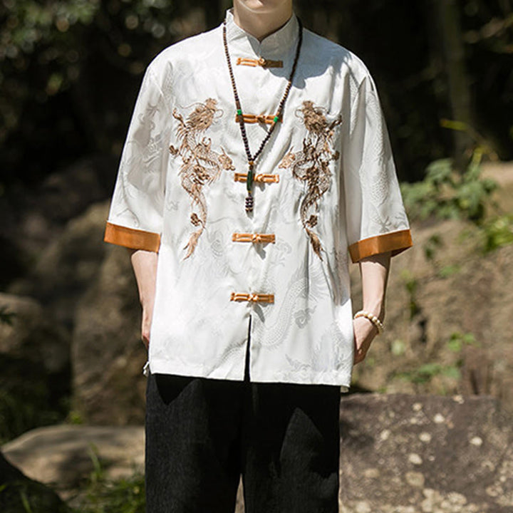 Buddha Stones Chemise Tang Suit pour homme à manches courtes et boutons brandebourg, motif dragon brodé et colorblock - image 4