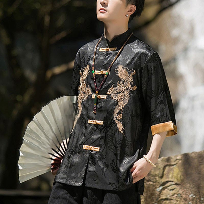 Buddha Stones Chemise Tang Suit pour homme à manches courtes et boutons brandebourg, motif dragon brodé et colorblock - image 16