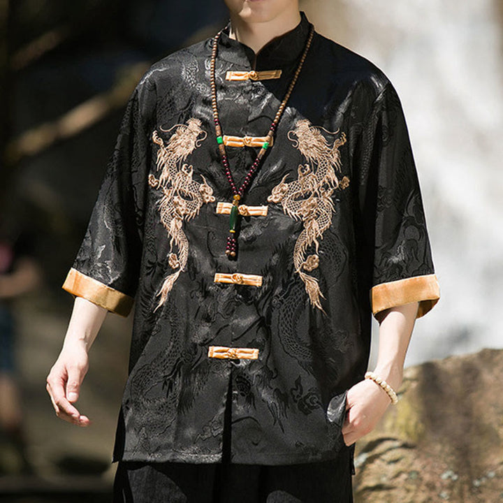 Buddha Stones Chemise Tang Suit pour homme à manches courtes et boutons brandebourg, motif dragon brodé et colorblock - image 14