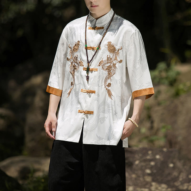 Buddha Stones Chemise Tang Suit pour homme à manches courtes et boutons brandebourg, motif dragon brodé et colorblock - image 1