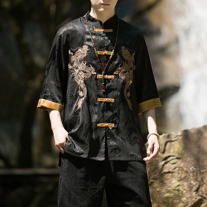 Buddha Stones Chemise Tang Suit pour homme à manches courtes et boutons brandebourg, motif dragon brodé et colorblock - image 11