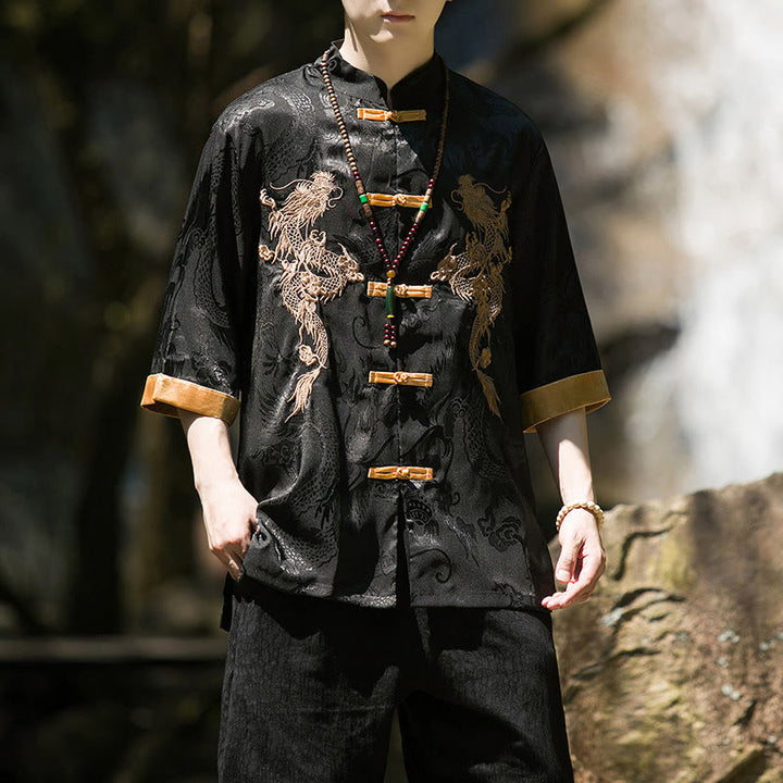 Buddha Stones Chemise Tang Suit pour homme à manches courtes et boutons brandebourg, motif dragon brodé et colorblock - image 11