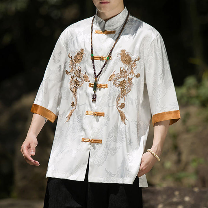 Buddha Stones Chemise Tang Suit pour homme à manches courtes et boutons brandebourg, motif dragon brodé et colorblock - image 9