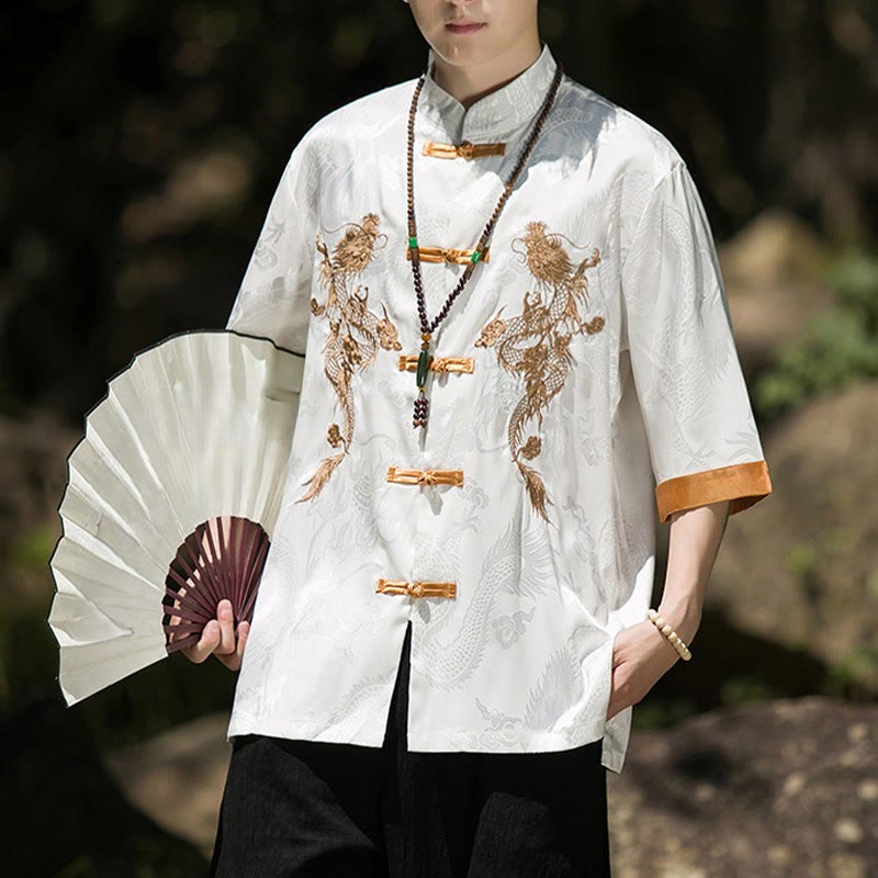Buddha Stones Chemise Tang Suit pour homme à manches courtes et boutons brandebourg, motif dragon brodé et colorblock - Blanc - US/UK/AU46，EU56 (5XL) - image 0