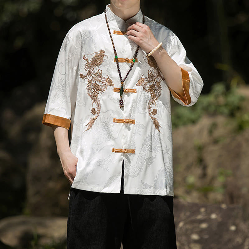 Buddha Stones Chemise Tang Suit pour homme à manches courtes et boutons brandebourg, motif dragon brodé et colorblock - image 7
