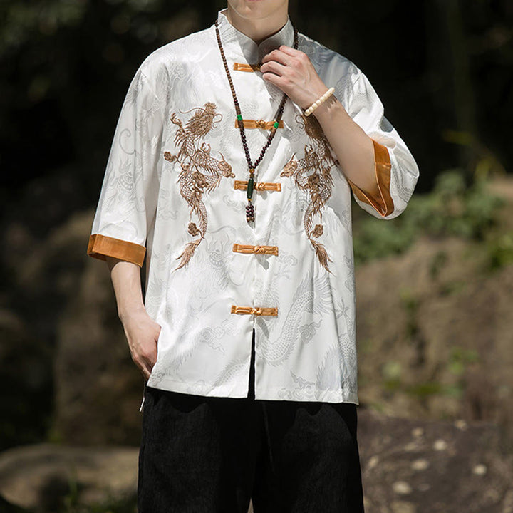 Buddha Stones Chemise Tang Suit pour homme à manches courtes et boutons brandebourg, motif dragon brodé et colorblock - image 7