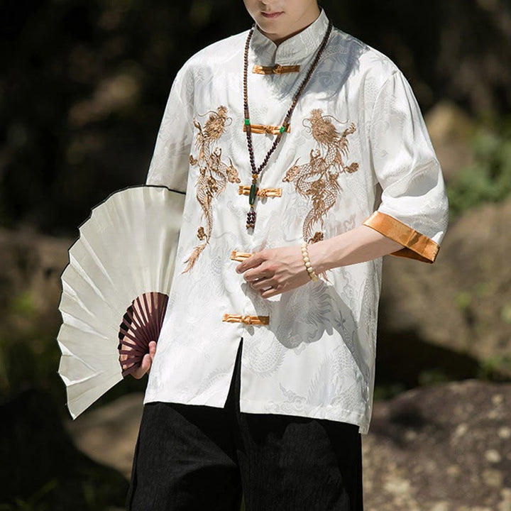 Buddha Stones Chemise Tang Suit pour homme à manches courtes et boutons brandebourg, motif dragon brodé et colorblock - image 8