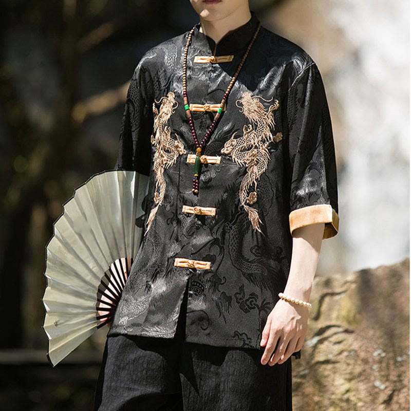 Buddha Stones Chemise Tang Suit pour homme à manches courtes et boutons brandebourg, motif dragon brodé et colorblock - image 17