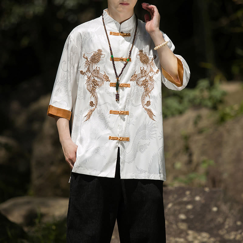 Buddha Stones Chemise Tang Suit pour homme à manches courtes et boutons brandebourg, motif dragon brodé et colorblock - image 6