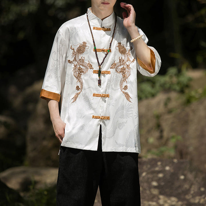 Buddha Stones Chemise Tang Suit pour homme à manches courtes et boutons brandebourg, motif dragon brodé et colorblock - image 6