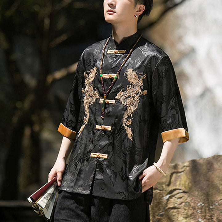 Buddha Stones Chemise Tang Suit pour homme à manches courtes et boutons brandebourg, motif dragon brodé et colorblock - image 15