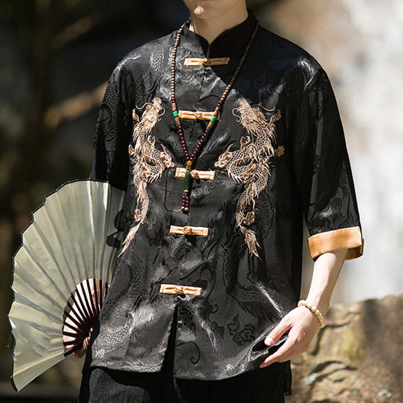 Buddha Stones Chemise Tang Suit pour homme à manches courtes et boutons brandebourg, motif dragon brodé et colorblock - image 18
