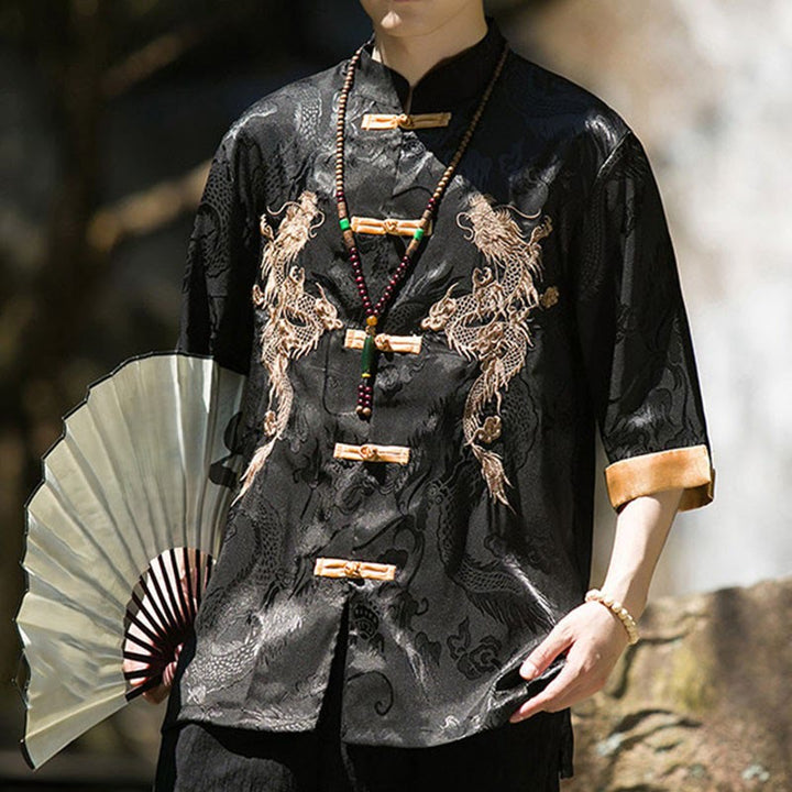 Buddha Stones Chemise Tang Suit pour homme à manches courtes et boutons brandebourg, motif dragon brodé et colorblock - image 18