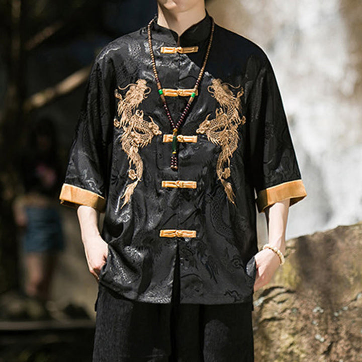 Buddha Stones Chemise Tang Suit pour homme à manches courtes et boutons brandebourg, motif dragon brodé et colorblock - Noir - US/UK/AU46，EU56 (5XL) - image 10