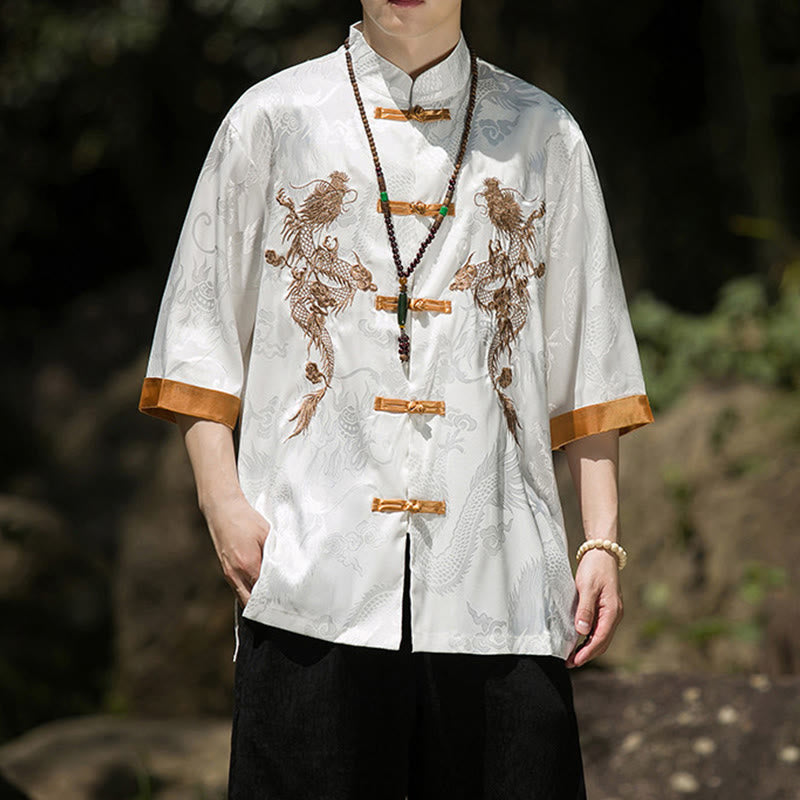 Buddha Stones Chemise Tang Suit pour homme à manches courtes et boutons brandebourg, motif dragon brodé et colorblock - image 5