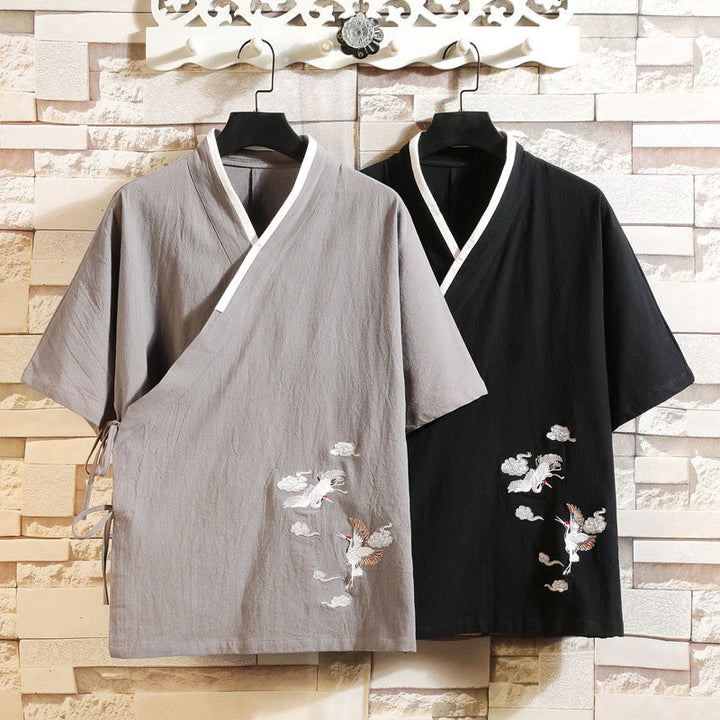 Buddha Stones Kimono en coton pour homme, manches courtes, motif grue brodée et nuage porte-bonheur - image 15