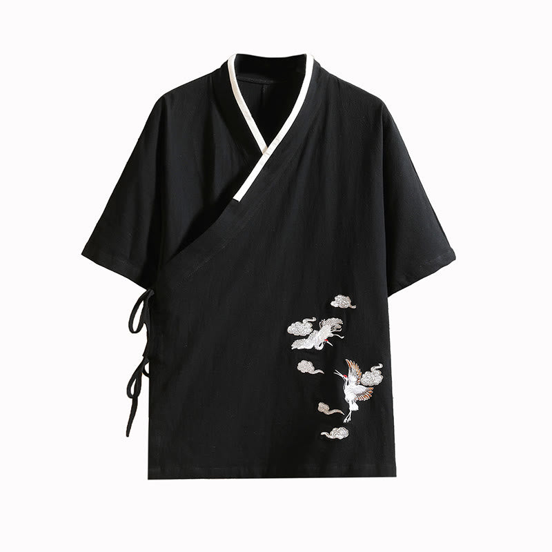 Buddha Stones Kimono en coton pour homme, manches courtes, motif grue brodée et nuage porte-bonheur - image 14