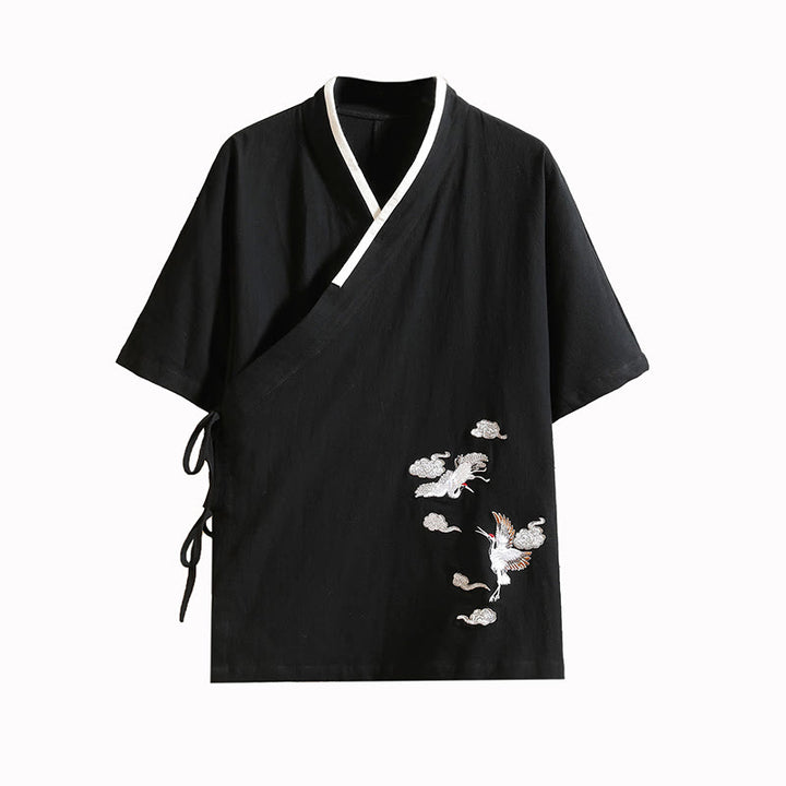 Buddha Stones Kimono en coton pour homme, manches courtes, motif grue brodée et nuage porte-bonheur - image 14