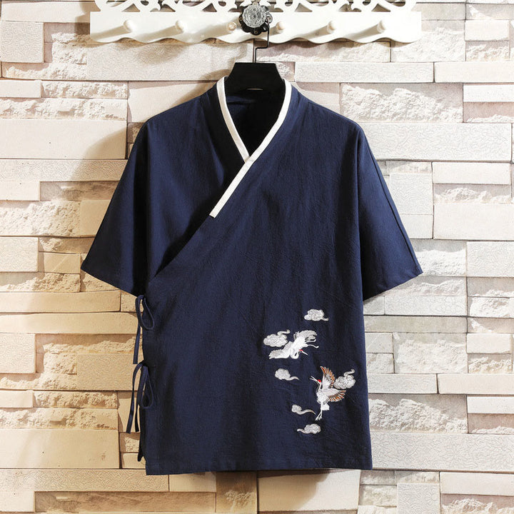 Buddha Stones Kimono en coton pour homme, manches courtes, motif grue brodée et nuage porte-bonheur - Bleu nuit - US/UK/AU46，EU56 (5XL) - image 0
