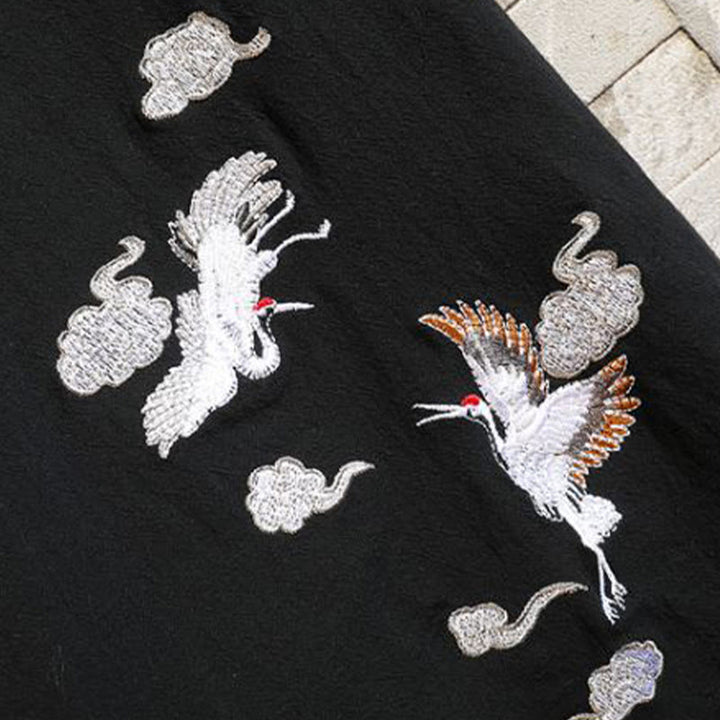 Buddha Stones Kimono en coton pour homme, manches courtes, motif grue brodée et nuage porte-bonheur - image 10