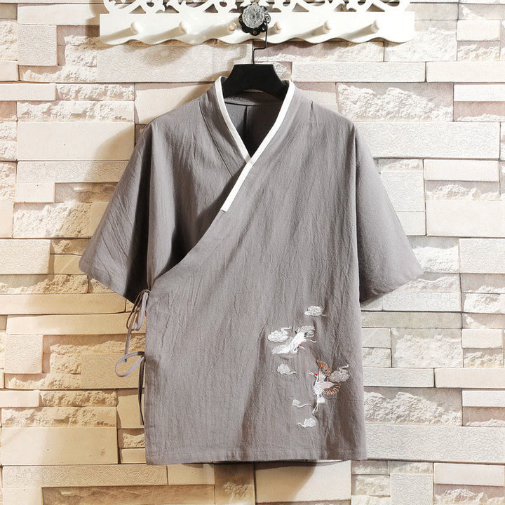Buddha Stones Kimono en coton pour homme, manches courtes, motif grue brodée et nuage porte-bonheur - Gris foncé - US/UK/AU46，EU56 (5XL) - image 2