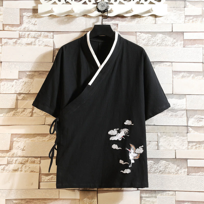 Buddha Stones Kimono en coton pour homme, manches courtes, motif grue brodée et nuage porte-bonheur - Noir - US/UK/AU46，EU56 (5XL) - image 4