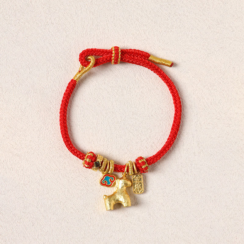 Buddha Stones Bracelet porte-bonheur en cuivre et fil rouge, symbole Fu et lotus, année du Cheval - image 1