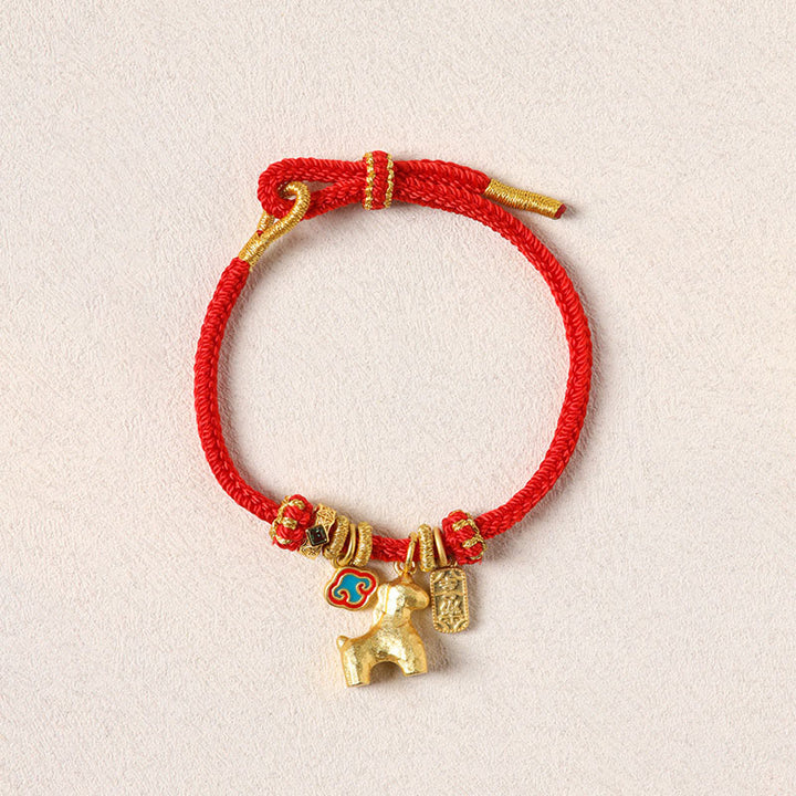 Buddha Stones Bracelet porte-bonheur en cuivre et fil rouge, symbole Fu et lotus, année du Cheval - image 1