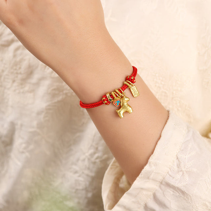 Buddha Stones Bracelet porte-bonheur en cuivre et fil rouge, symbole Fu et lotus, année du Cheval - image 4