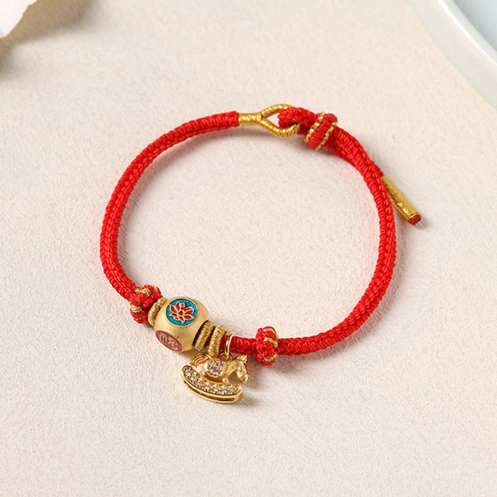 Buddha Stones Bracelet porte-bonheur en cuivre et fil rouge, symbole Fu et lotus, année du Cheval - Bracelet Fu en cuivre (Tour de poignet : 13-24 cm) - image 10