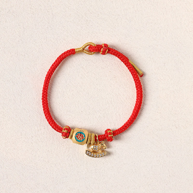 Buddha Stones Bracelet porte-bonheur en cuivre et fil rouge, symbole Fu et lotus, année du Cheval - image 11