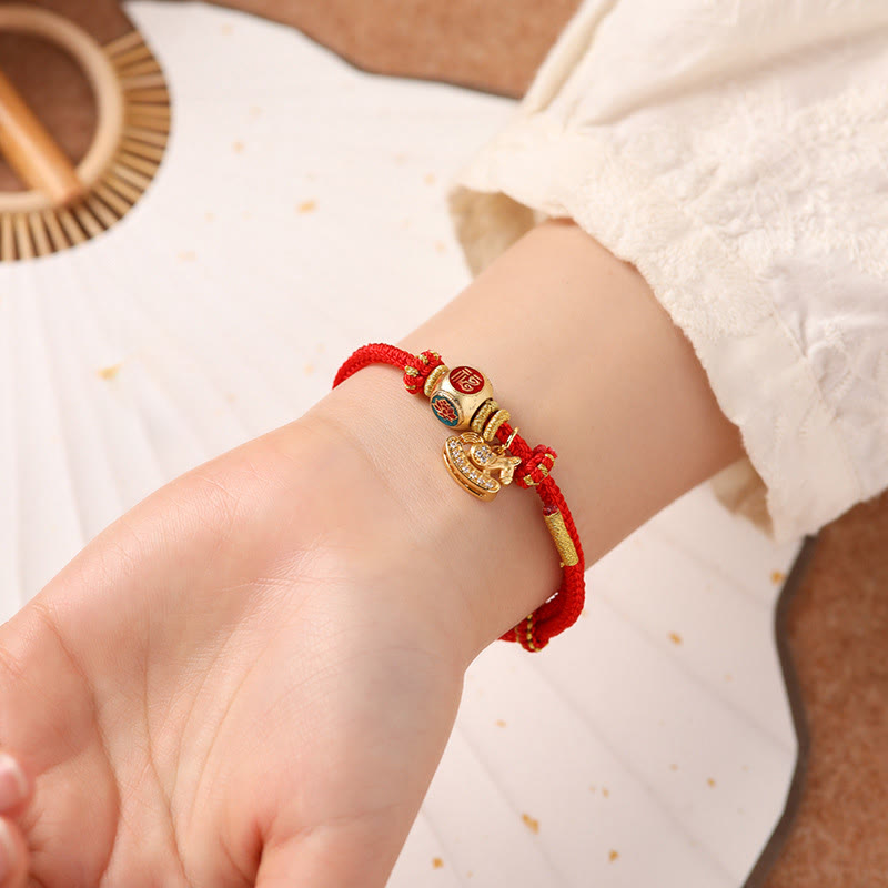 Buddha Stones Bracelet porte-bonheur en cuivre et fil rouge, symbole Fu et lotus, année du Cheval - image 13