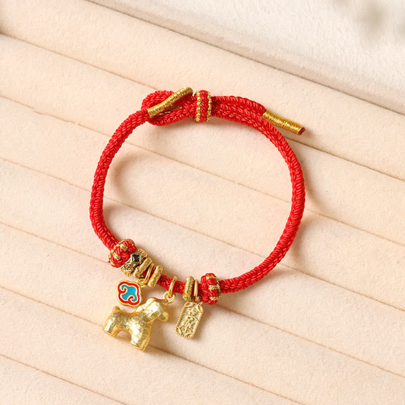 Buddha Stones Bracelet porte-bonheur en cuivre et fil rouge, symbole Fu et lotus, année du Cheval - Bracelet en cuivre Paix et Joie (Tour de poignet : 13-24 cm) - image 0
