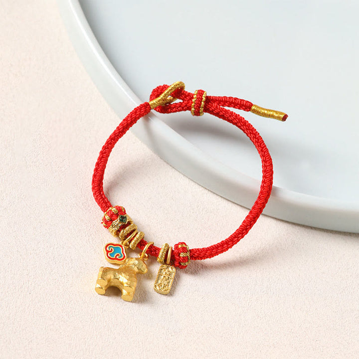 Buddha Stones Bracelet porte-bonheur en cuivre et fil rouge, symbole Fu et lotus, année du Cheval - image 2
