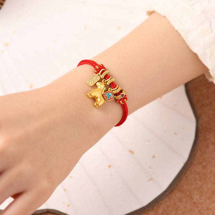 Buddha Stones Bracelet porte-bonheur en cuivre et fil rouge, symbole Fu et lotus, année du Cheval - image 3