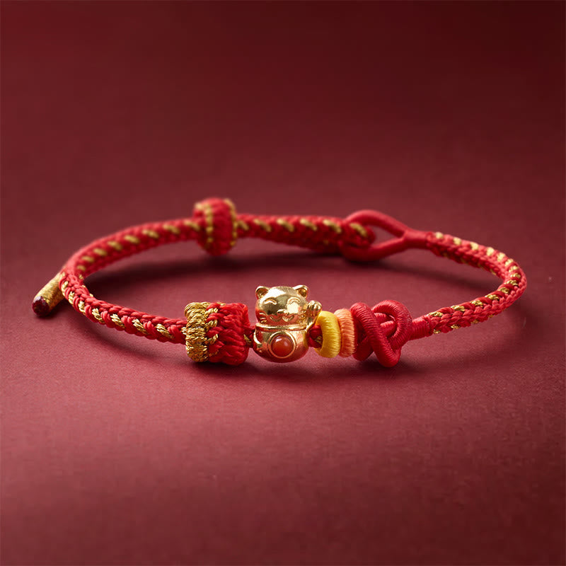 Buddha Stones Bracelet porte-bonheur chat en cuivre et fil rouge - Cuivre (Tour de poignet : 13-25 cm) - image 0