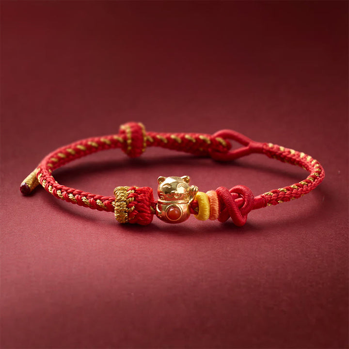 Buddha Stones Bracelet porte-bonheur chat en cuivre et fil rouge - Cuivre (Tour de poignet : 13-25 cm) - image 0