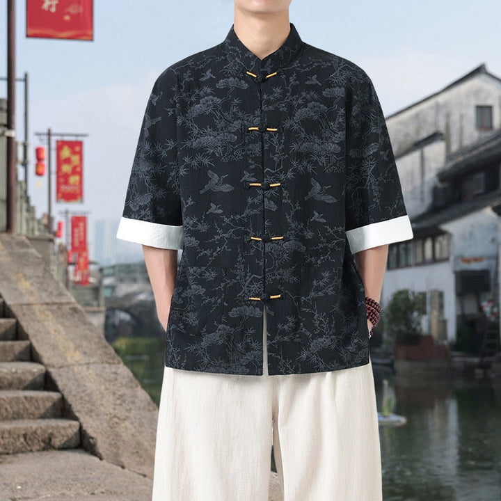 Buddha Stones Chemise Tang Suit pour homme, manches courtes, col montant, en coton, avec poches, motif grue et pin d'été - Noir - US/UK/AU46，EU56 (5XL) - image 0