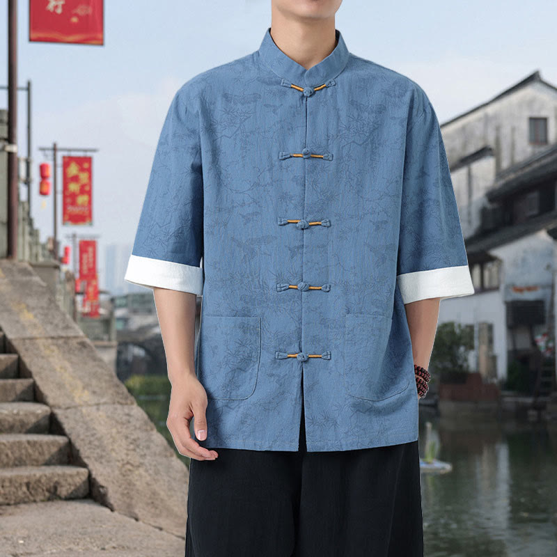 Buddha Stones Chemise Tang Suit pour homme, manches courtes, col montant, en coton, avec poches, motif grue et pin d'été - Bleu ciel clair - US/UK/AU46，EU56 (5XL) - image 14