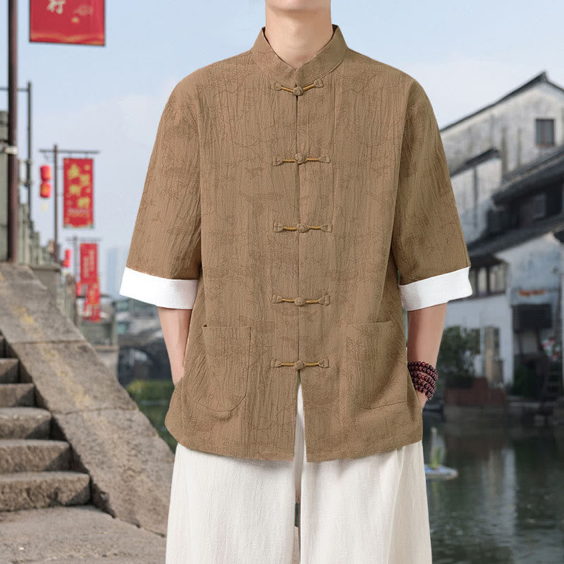 Buddha Stones Chemise Tang Suit pour homme, manches courtes, col montant, en coton, avec poches, motif grue et pin d'été - verge d'or - US/UK/AU46，EU56 (5XL) - image 7