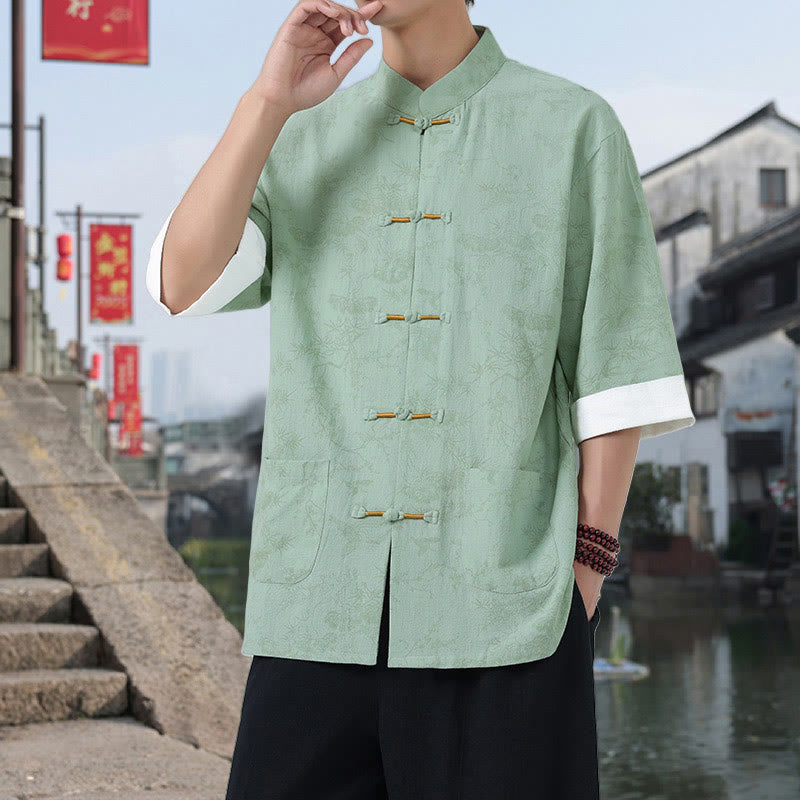 Buddha Stones Chemise Tang Suit pour homme, manches courtes, col montant, en coton, avec poches, motif grue et pin d'été - Vert pâle - US/UK/AU46，EU56 (5XL) - image 12