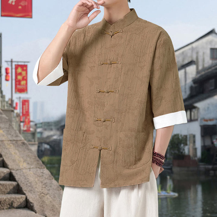 Buddha Stones Chemise Tang Suit pour homme, manches courtes, col montant, en coton, avec poches, motif grue et pin d'été - image 11