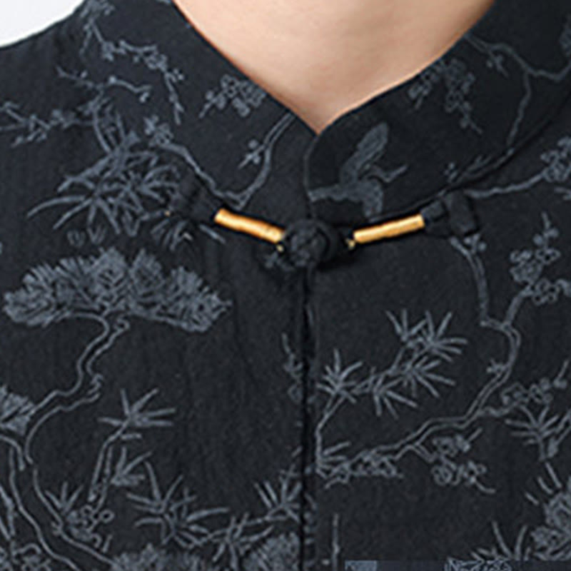 Buddha Stones Chemise Tang Suit pour homme, manches courtes, col montant, en coton, avec poches, motif grue et pin d'été - image 3