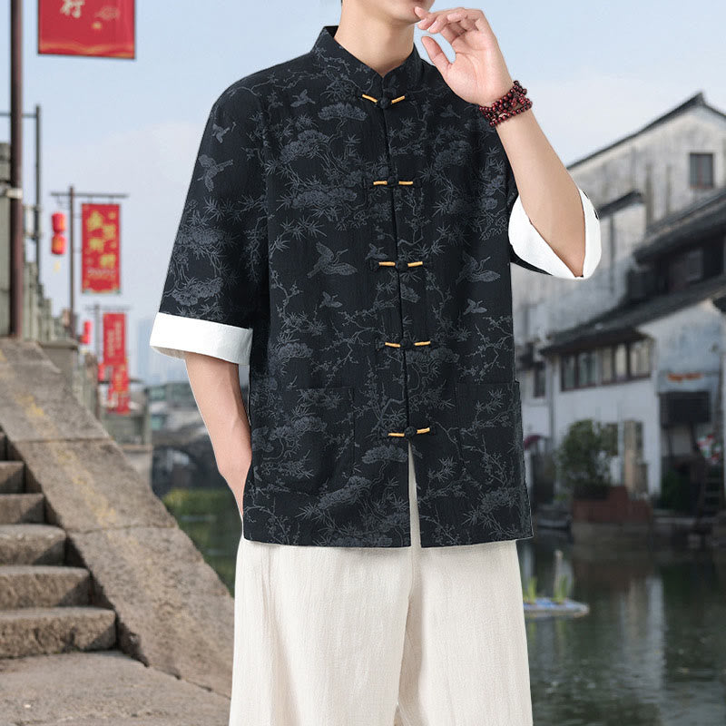 Buddha Stones Chemise Tang Suit pour homme, manches courtes, col montant, en coton, avec poches, motif grue et pin d'été - image 2