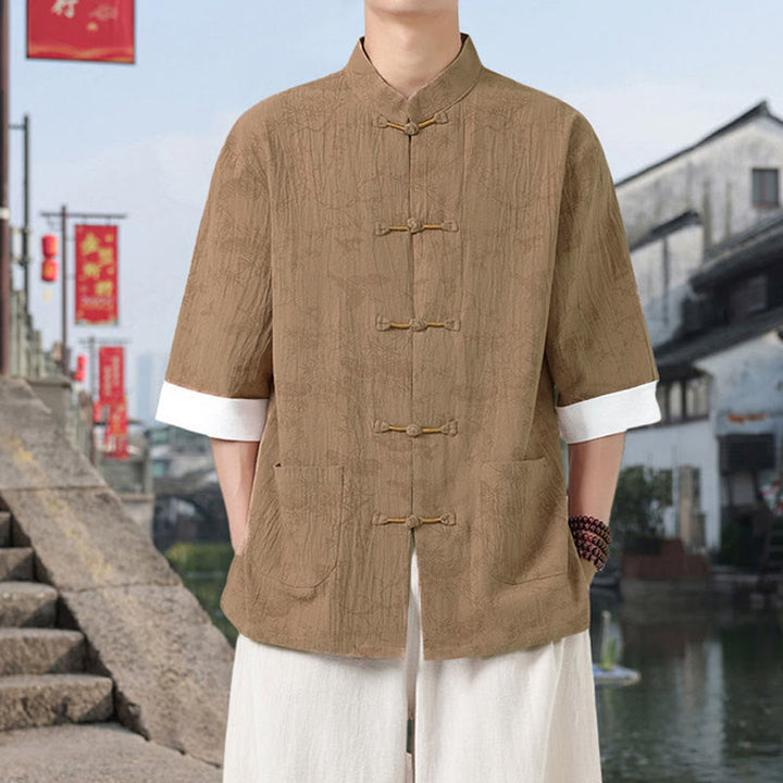 Buddha Stones Chemise Tang Suit pour homme, manches courtes, col montant, en coton, avec poches, motif grue et pin d'été - image 10