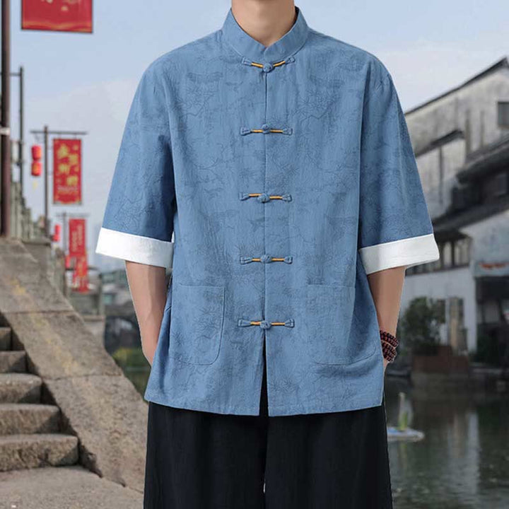 Buddha Stones Chemise Tang Suit pour homme, manches courtes, col montant, en coton, avec poches, motif grue et pin d'été - image 16