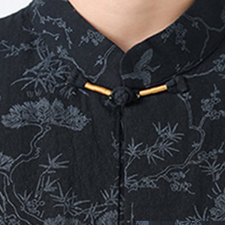 Buddha Stones Chemise Tang Suit pour homme, manches courtes, col montant, en coton, avec poches, motif grue et pin d'été - image 3