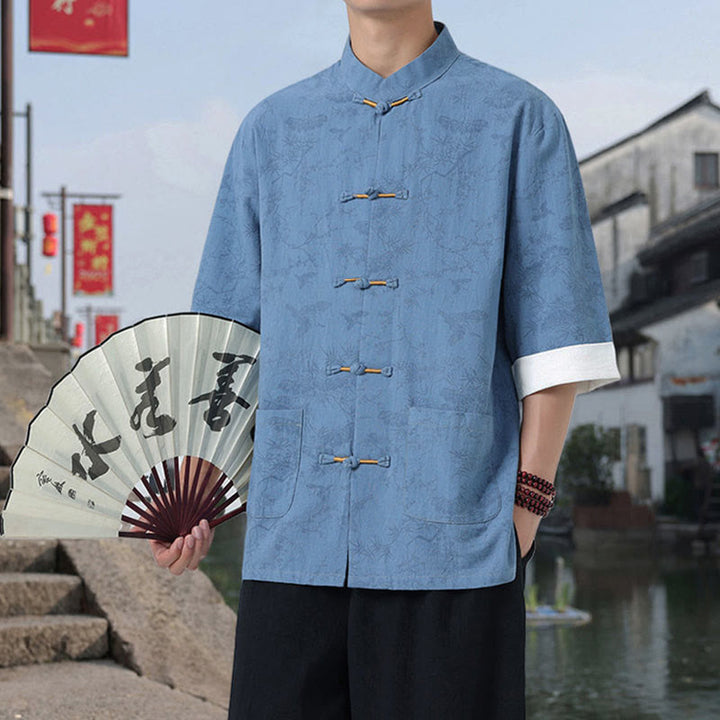 Buddha Stones Chemise Tang Suit pour homme, manches courtes, col montant, en coton, avec poches, motif grue et pin d'été - image 15