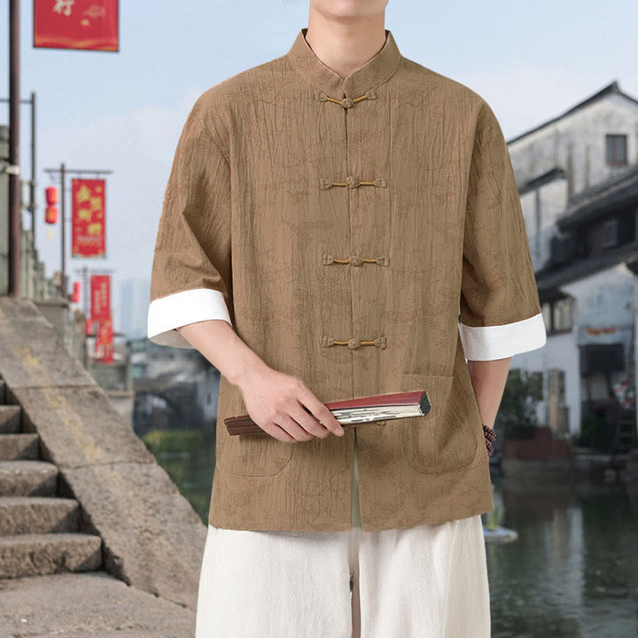 Buddha Stones Chemise Tang Suit pour homme, manches courtes, col montant, en coton, avec poches, motif grue et pin d'été - image 9