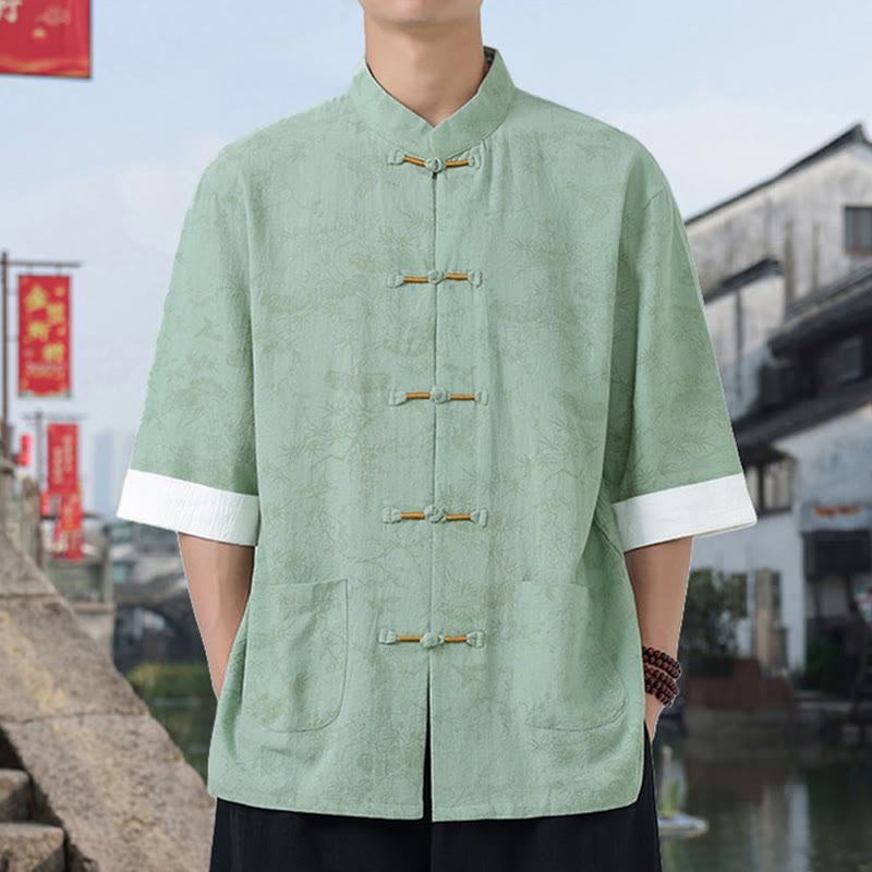 Buddha Stones Chemise Tang Suit pour homme, manches courtes, col montant, en coton, avec poches, motif grue et pin d'été - image 13